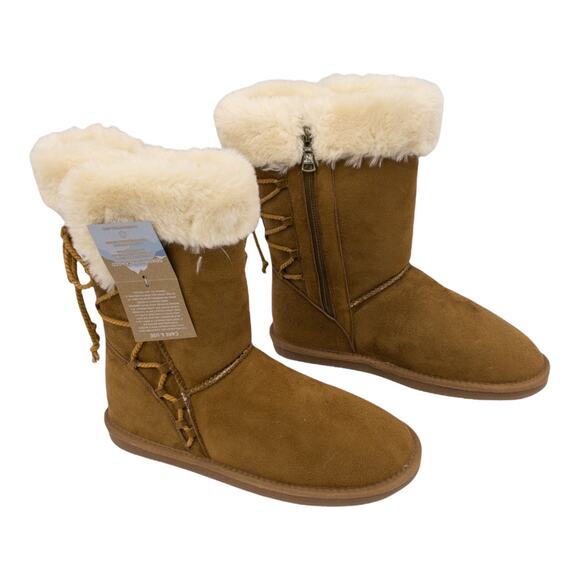 Apres Lamo Chestnut brown Faux Fur Trim Terrace Lace Accent Winter Boots 9 - Picture 2 of 10